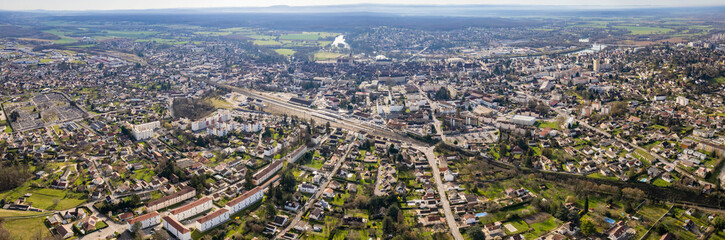 An aerial panoramic view around the old town of the city Besançon or Besancon in France on a sunny day in early spring