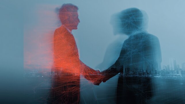 Two men shaking hands with digital connections overlay. Business partnership and technology collaboration concept. Modern network integration.