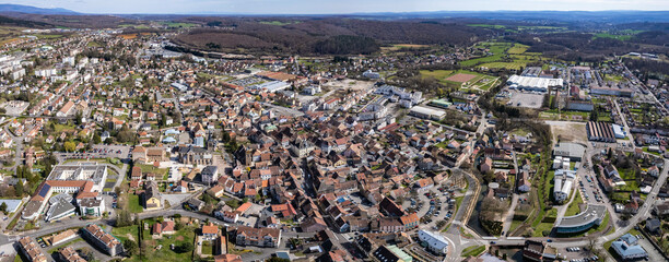 An aerial panoramic view around the old town of the city Besançon or Besancon in France on a sunny day in early spring