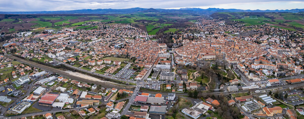 An aerial panoramic view around the old town of the city Besançon or Besancon in France on a sunny day in early spring