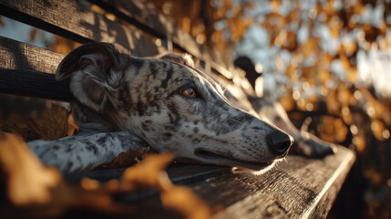 Dog relaxing on a wooden bench in an autumn park surrounded by golden leaves and warm tones