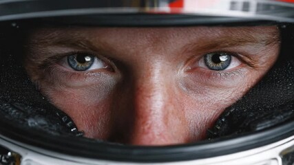 Focused Gaze: A racing driver peers intensely through the visor of his helmet, his eyes conveying determination and focus. 