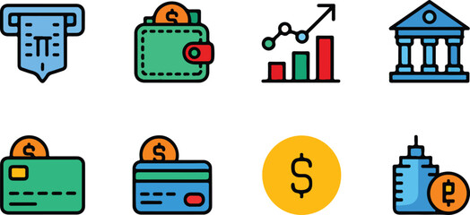 Flat Vector Icon Set of Finance and Banking Elements