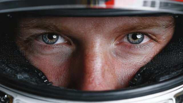 Focused Gaze: A racing driver peers intensely through the visor of his helmet, his eyes conveying determination and focus. 