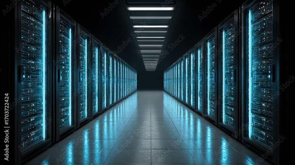 Poster glowing data center aisle with rows of server racks illuminated in a dark environment