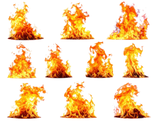 Twelve distinct flames, varying in shape and detail.  Each flame graphic is on a black background.  Orange and yellow hues create a fiery effect