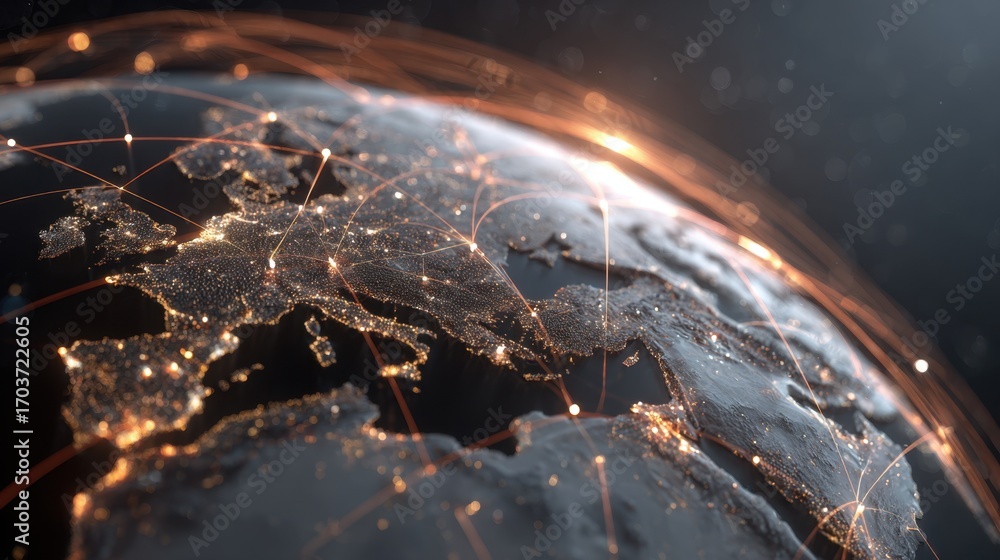 Poster stunning 3d representation of earth with illuminated lines highlighting global connections and netwo