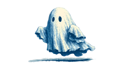 Retro cartoon-style Halloween ghost in vintage sheet costume, isolated on white background