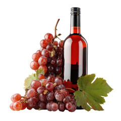 Obraz premium Red wine bottle alongside fresh red grapes with green leaves displayed attractively