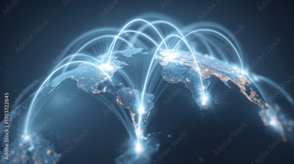 Poster global connections and networks with digital lines illuminating world map in dark background