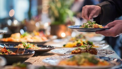 Buffet food being served. Hands picking up a plate of food