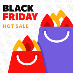 Square banner with Hot Black Friday sale with red and purple shopping bags and fire flames on white background with percent signs. Flat vector poster design for discount, promotion, retail marketing.