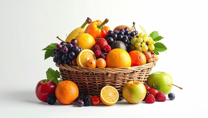 Abundant Fresh Fruit Basket Display on White Background with Oranges Apples Grapes and Yellow Banana Filled Inside A Woven Rattan Basket Arrangement