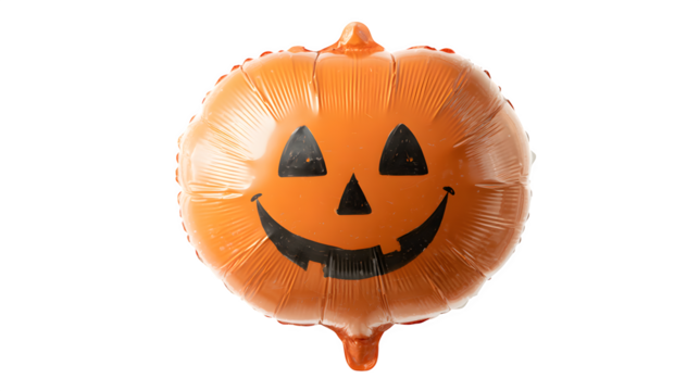 Round jack-o-lantern balloon decoration with smiling face, isolated on white background