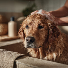 Adorable golden retriever being bathed in a grooming session. Wet fur and gentle expression. Clean, pet-care related photo