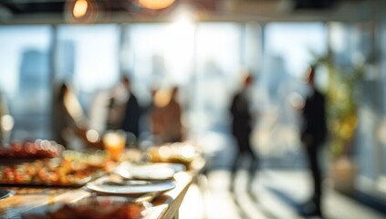 Blurred business people enjoying a catered lunch in a modern office