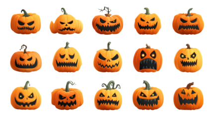 Scary pumpkin collection with carved sinister faces, AI generated, isolated on white background