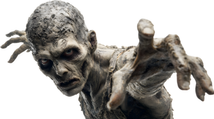 Scary zombie character with decayed skin and haunting pose, isolated on white background