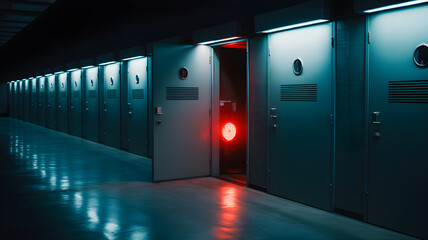 Red alert light behind open door in server room corridor