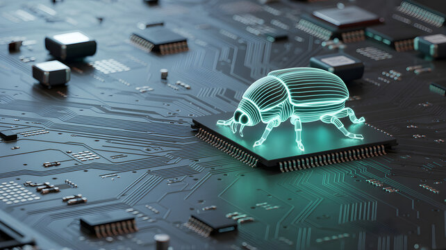 Glowing wireframe bug sitting on microchip symbolizing cyber security threat - Powered by Adobe