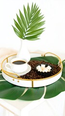 Coffee and sweets on a tray with tropical leaves