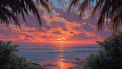 Tropical sunset framed by palm leaves (2)