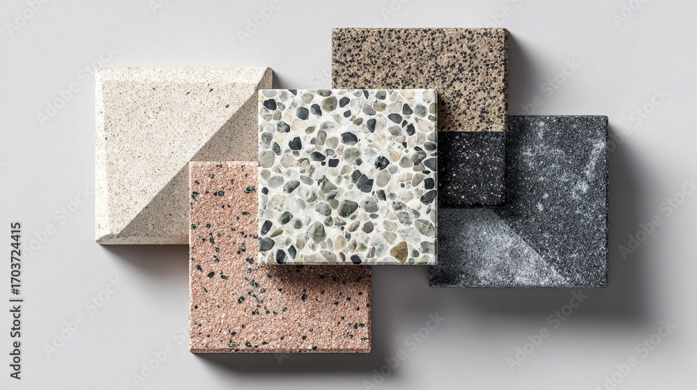 Aufkleber assorted stone samples displayed on a neutral background showcasing various textures and colors