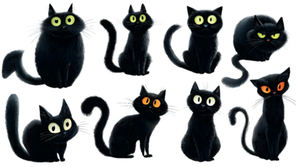 Set of cats in various Halloween spooky poses, AI generated, isolated on white background