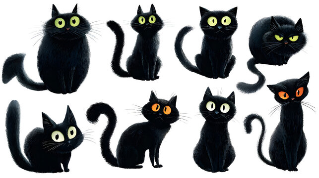 Set of cats in various Halloween spooky poses, AI generated, isolated on white background