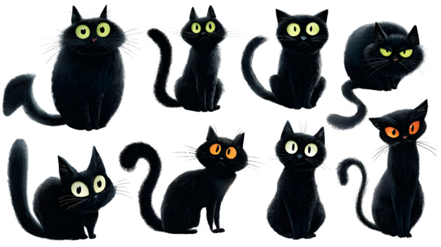 Set of cats in various Halloween spooky poses, AI generated, isolated on white background