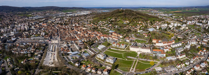 Aerial panoramic view around the old town and city Vesoul in France on a sunny afternoon