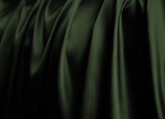 Flowing down, hanging silk. Hunter, sage, pickle, green, Curtain, stage clothes. Luxurious dark...