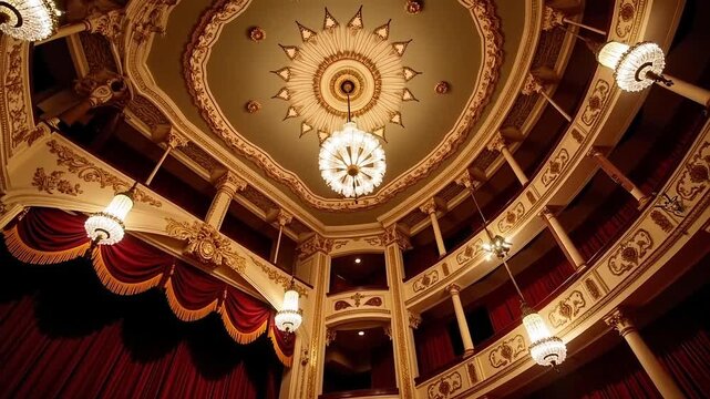 Ornate vintage theater interior with plush red curtains and grand chandelier