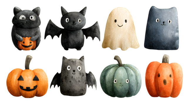 Set of cute doodle-style Halloween decorations, watercolor pastel, isolated on white background - Powered by Adobe