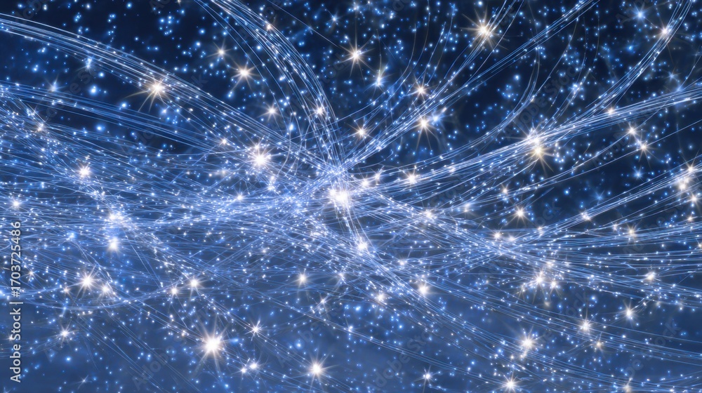 Poster ethereal blue background with shimmering stars and flowing light trails creating a cosmic atmosphere