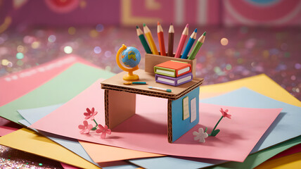 Miniature cardboard desk symbolizing back to school on colorful paper background