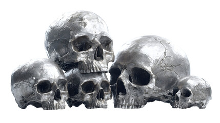 Obraz premium Set of human skulls arranged in spooky composition, AI generated, isolated on white background