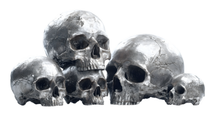 Set of human skulls arranged in spooky composition, AI generated, isolated on white background