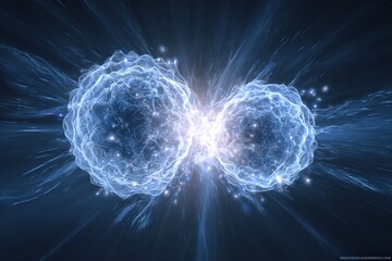 Abstract illustration of two luminous, ethereal spheres exploding outward