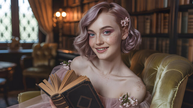 Beautiful young woman reading a book in a vintage library - Powered by Adobe