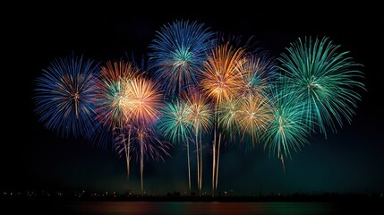 Colorful Fireworks Display Over a Night Sky Reflecting on Water Surface in a Beautiful Celebration Event