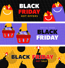 Black Friday vector banners set with shopping bags, discount baskets, and burning bomb. Cartoon flat brochures design for retail promotions, online ads, marketing headers, and seasonal sales.