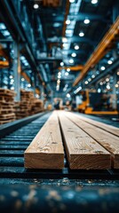 Wood planks ready for processing in a large industrial lumber facility during daytime operations