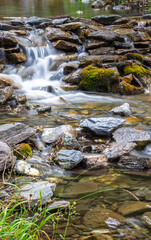 forest with river in long exposure and stones with moss in golden hour
