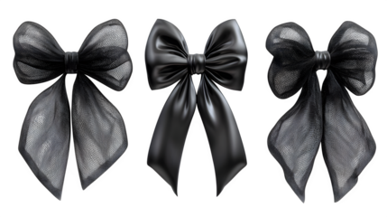Set of realistic black bows in tulle fabric mesh, isolated on white background
