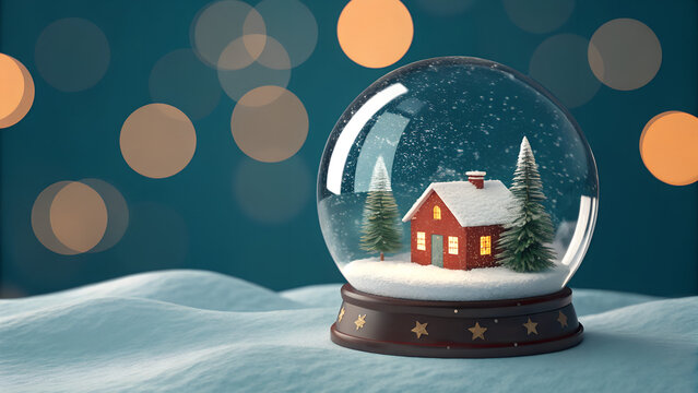 Miniature Red House in Teal Snow Globe on Snowy Hill at Night - Powered by Adobe