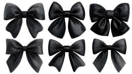 Set of realistic black bows in tulle fabric mesh, isolated on white background