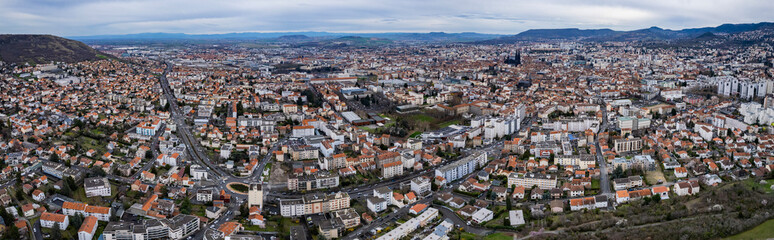 Aerial panoramic view around the old town and city Clermont-Ferrand in France on a sunny afternoon