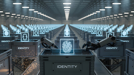 Robotic arms analyzing digital fingerprint in warehouse setting