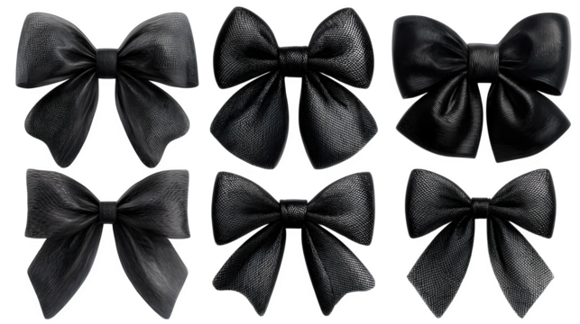 Set of realistic black bows in tulle fabric mesh, isolated on white background